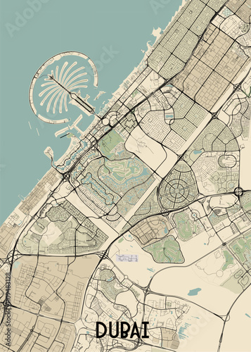 This detailed map showcases the city of Dubai, United Arab Emirates, with a focus on its urban layout and key landmarks. The map features a beige background with black lines representing roads