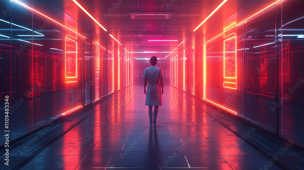 Dimly lit corridor with neon lights and a figure in a white coat walking towards the end, creating an eerie atmosphere. Generative AI