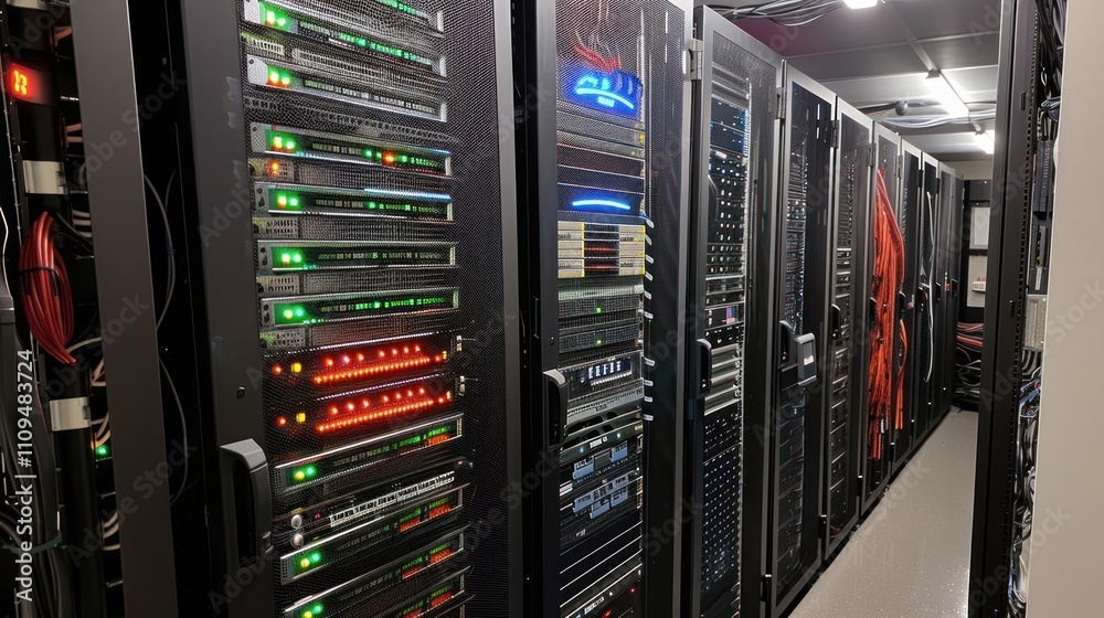Server room with racks, cables, and network equipment. Server room with racks, cables, and network equipment.