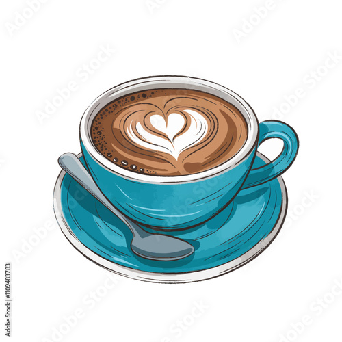 An illustration of a cerulean cup of coffee placed on a saucer. The coffee inside the cup has a heart-shaped latte art on its surface