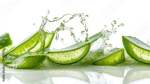 Refreshing aloe vera juice splashes create vibrant visuals with green slices isolated on a white background in a dynamic display of nature's freshness