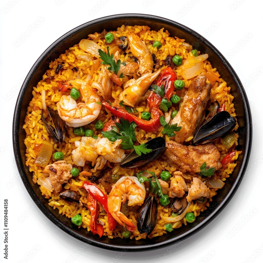 Colorful Spanish paella featuring saffron rice, seafood, chicken, and fresh vegetables in an elegant presentation Colorful Spanish paella featuring saffron rice, seafood, chicken, and fresh vegetables in an elegant presentation