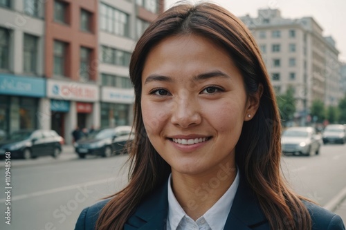 Close portrait of a smiling young Kyrgyz businesswoman looking at the camera, Kyrgyz big city outdoors blurred background