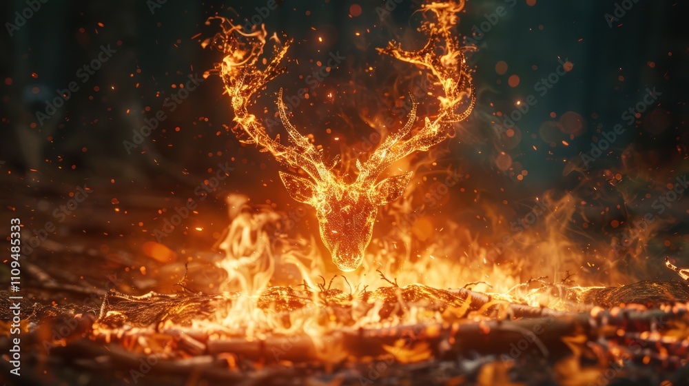 Fiery deer silhouette emerging from forest bonfire.