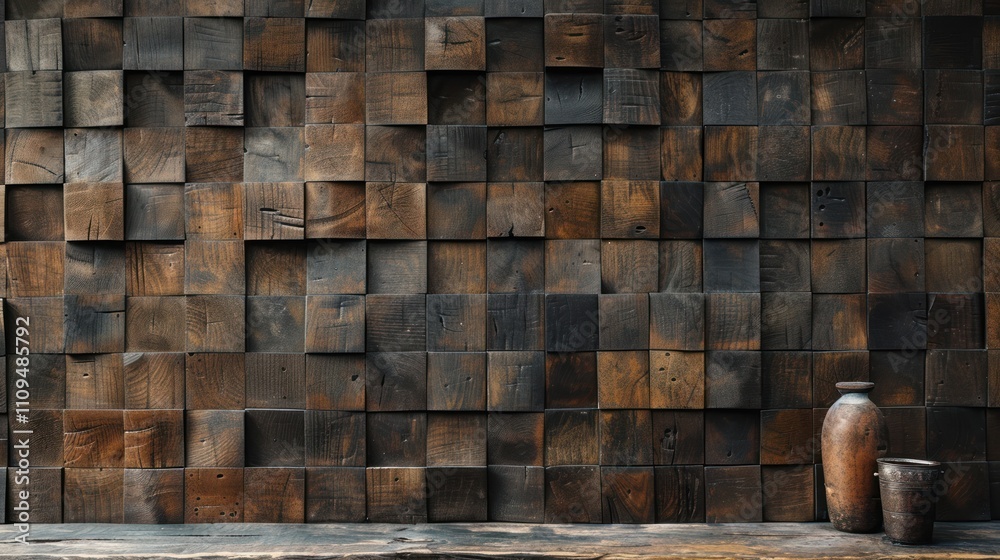 Dark brown rustic wooden cube wall texture with pottery. Dark brown rustic wooden cube wall texture with pottery.