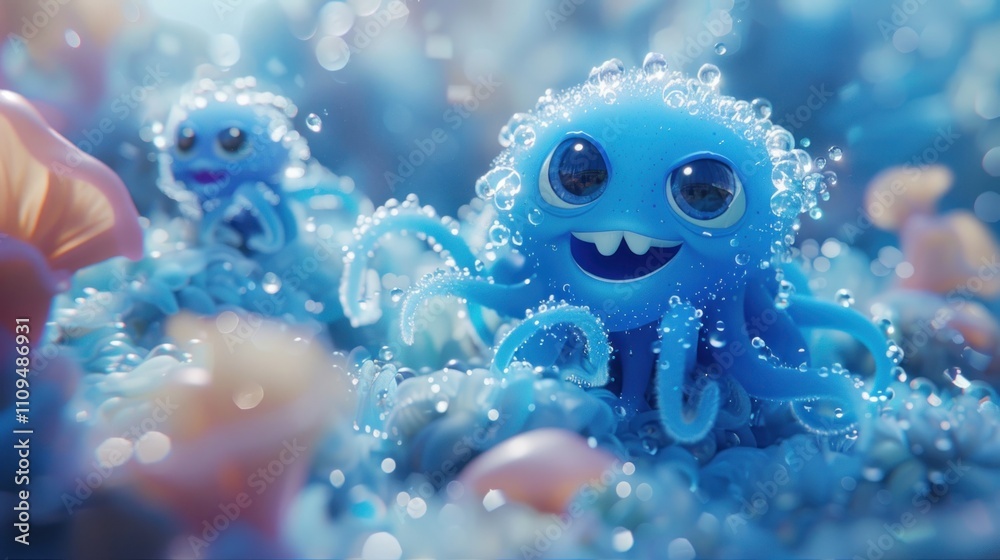 Happy blue octopus cartoon character in water with bubbles. Happy blue octopus cartoon character in water with bubbles.