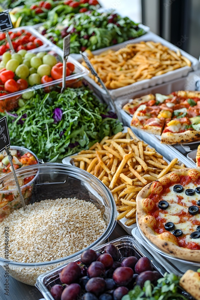 A beautifully arranged catering table featuring fresh fruit, salads, and grains next to a fast food setup offering pizzas and fries. A beautifully arranged catering table featuring fresh fruit, salads, and grains next to a fast food setup offering pizzas and fries.