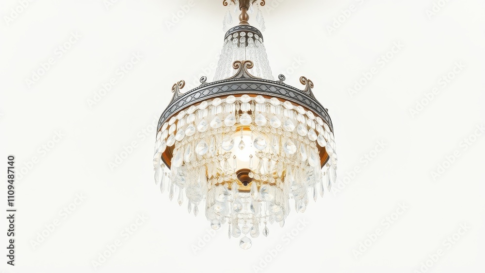 Obraz premium A classic crystal chandelier hangs from a white ceiling, its intricate design and glittering prisms casting a warm glow