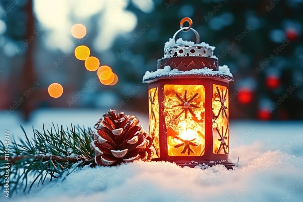 Christmas Lantern On Snow With Fir Branch in the Sunlight. Winter Decoration Background Christmas Lantern On Snow With Fir Branch in the Sunlight. Winter Decoration Background