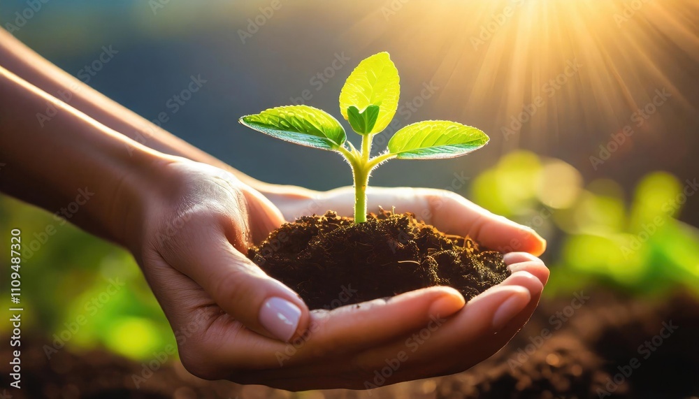 Fresh sprout growing in soil held by hands, symbolizing growth, care, and environmental awareness Fresh sprout growing in soil held by hands, symbolizing growth, care, and environmental awareness