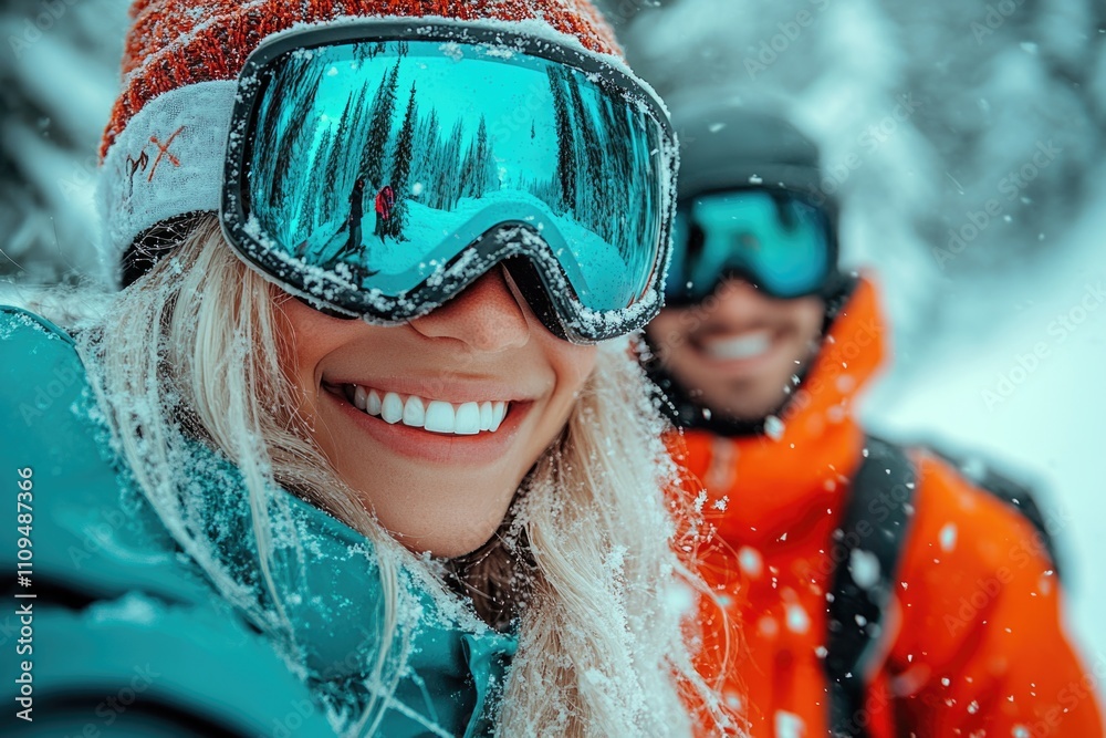 snowboarders smiling young happy woman and man, wear goggles mask hat ski padded jacket spend extreme weekend snowboarders smiling young happy woman and man, wear goggles mask hat ski padded jacket spend extreme weekend