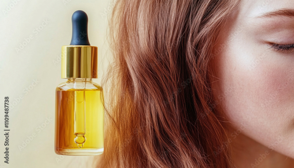 Fototapeta premium Woman applying essential oil serum for hair and skin treatment