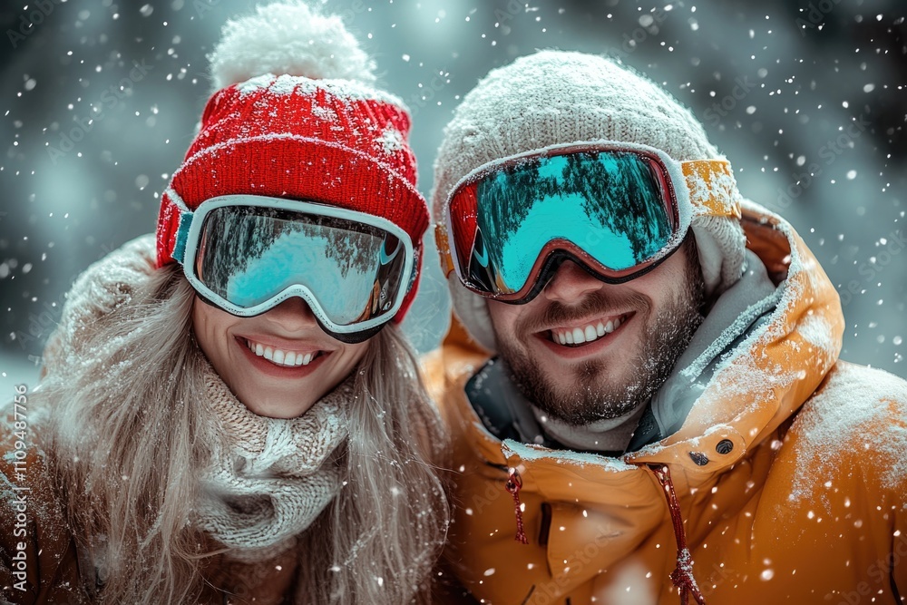 Snowboarders woman and man, wear goggles mask hat ski padded jacket spend extreme weekend Snowboarders woman and man, wear goggles mask hat ski padded jacket spend extreme weekend