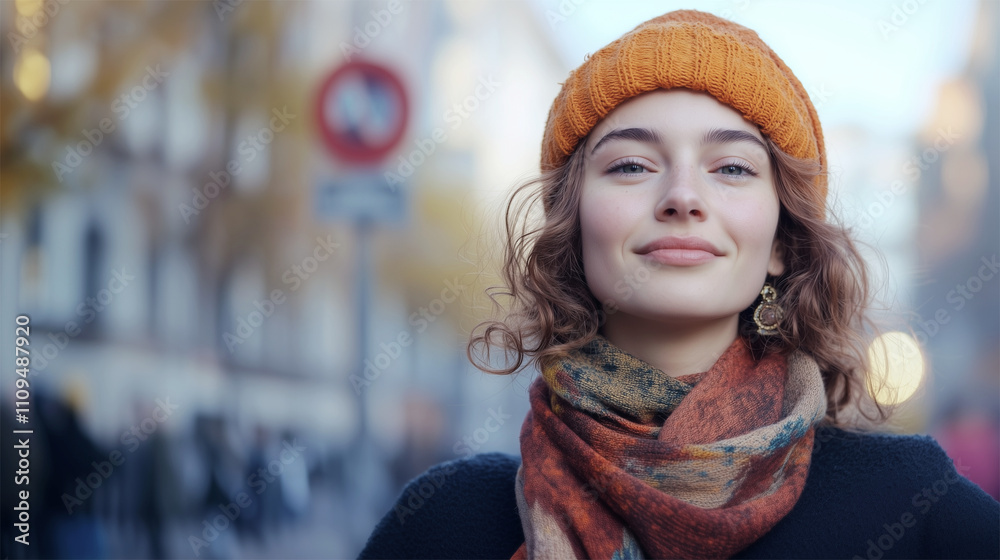 Fall fashion portrait of German woman in Berlin, boho style with cozy scarf and hat
Fall fashion portrait of German woman in Berlin, boho style with cozy scarf and hat