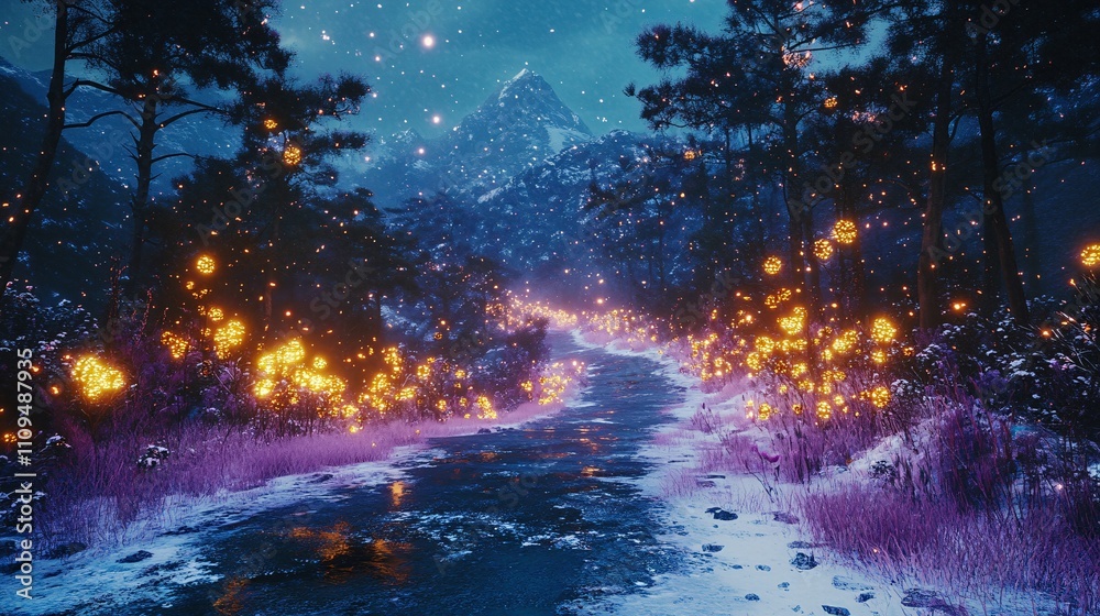 Fototapeta premium a snowy mountain road at night, with trees covered in snow and lights shining on the ground, the sky is dark blue, creating an atmosphere of tranquility and mystery, 