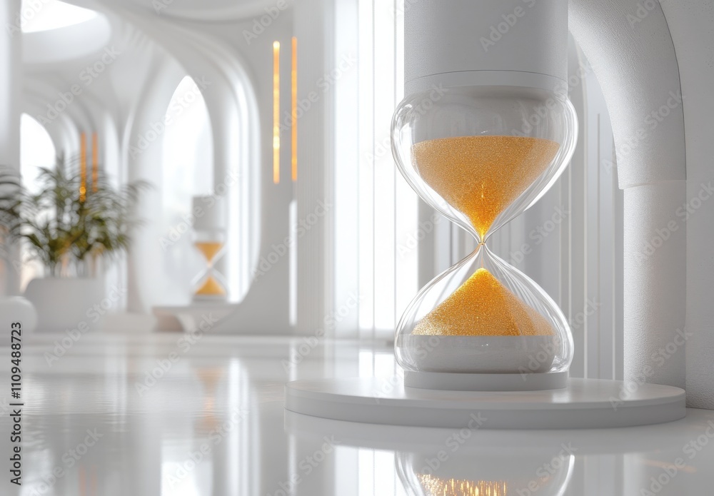 Fototapeta premium Elegant hourglass with golden sand in a modern, minimalist interior showcasing tranquility and the passage of time in a serene environment