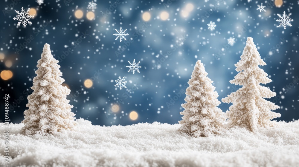 Naklejka premium Cozy Winter Wonderland, serene snowy landscape, delicate snowflakes drifting down, tranquil atmosphere, inviting warmth, festive spirit, perfect for seasonal themes and holiday greetings