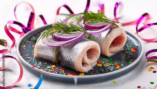 fisch, rollmops, kater, frühstück, katerfrühstück, essen, karneval, neu, close up, köln, hering, dill, matjes, meeresfrüchte, zwiebeln, rote, feinschmecker, modern, konfetti, rosenmontag, luftschlange photo