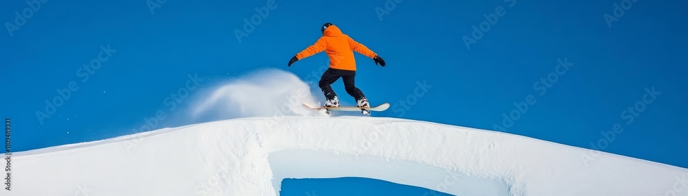 Snowboarder balancing on a narrow snow bridge with powder swirling, snowboard powder balance, intense moment Snowboarder balancing on a narrow snow bridge with powder swirling, snowboard powder balance, intense moment