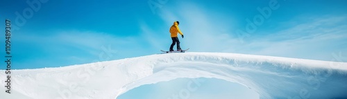 Snowboarder balancing on a narrow snow bridge with powder swirling, snowboard powder balance, intense moment photo