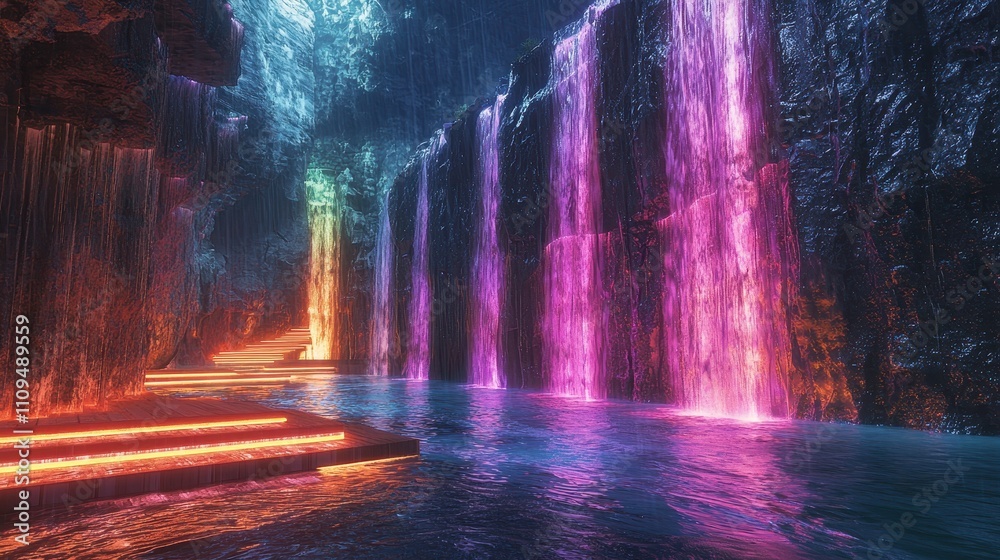 Fototapeta premium A surreal canyon where waterfalls of liquid light flow between jagged cliffs, creating glowing pools. Floating platforms and neon-lit paths guide explorers through the dreamlike terrain. The 