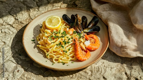 Savoring seafood linguine delight italian restaurant culinary dish rustic setting close-up view gourmet experience photo