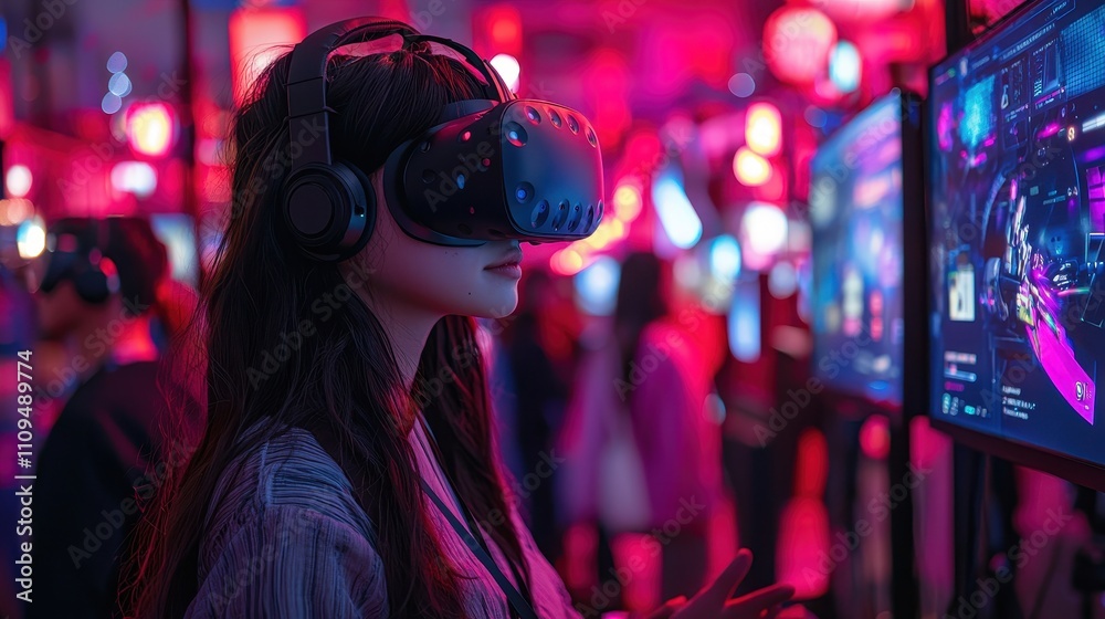 A tech fair showcasing futuristic gadgets, with attendees testing virtual reality experiences and holographic displays. The vibrant and interactive booths create an energetic and inspiring atmosphere. A tech fair showcasing futuristic gadgets, with attendees testing virtual reality experiences and holographic displays. The vibrant and interactive booths create an energetic and inspiring atmosphere.