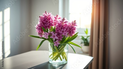 Wallpaper Mural Pink Hyacinths in a Clear Vase on a Tabletop with Natural Light Streaming Through a Window Torontodigital.ca