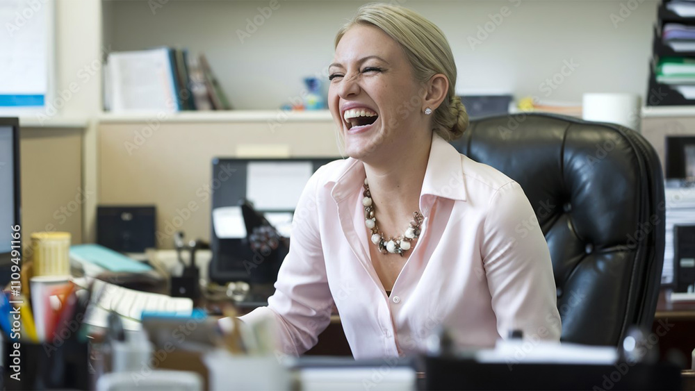 a photo of a businesswoman laughing while sitting in the office a photo of a businesswoman laughing while sitting in the office