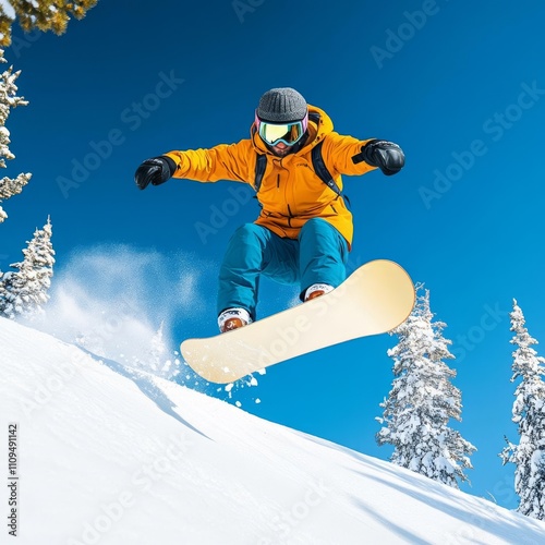 Snowboarder performing a stylish grab trick mid-air with powder trails, snowboard powder grab, freestyle elegance photo