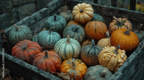 Colorful pumpkins in rustic wooden crate.