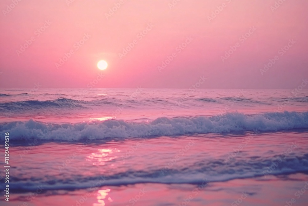 A tranquil scene of rippling water, glowing softly in pink hues as the sun sets, calm, peaceful mood with gentle waves, medium shot 5