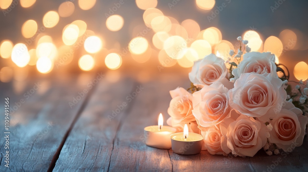 Romantic candlelit setting with pink roses and warm bokeh lights Romantic candlelit setting with pink roses and warm bokeh lights