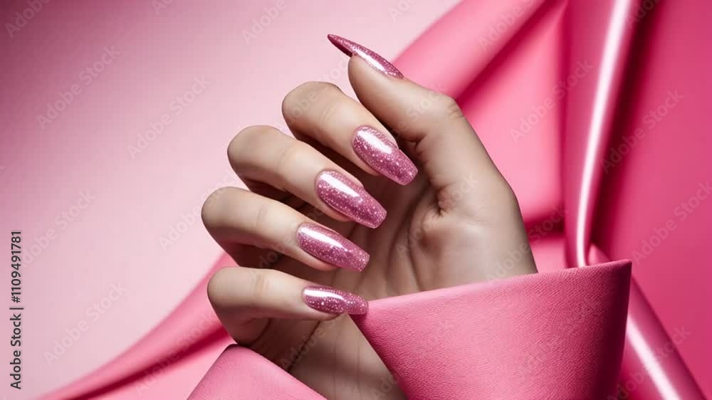 close-up of a woman's hand with a fashionable pink manicure on a beautiful background