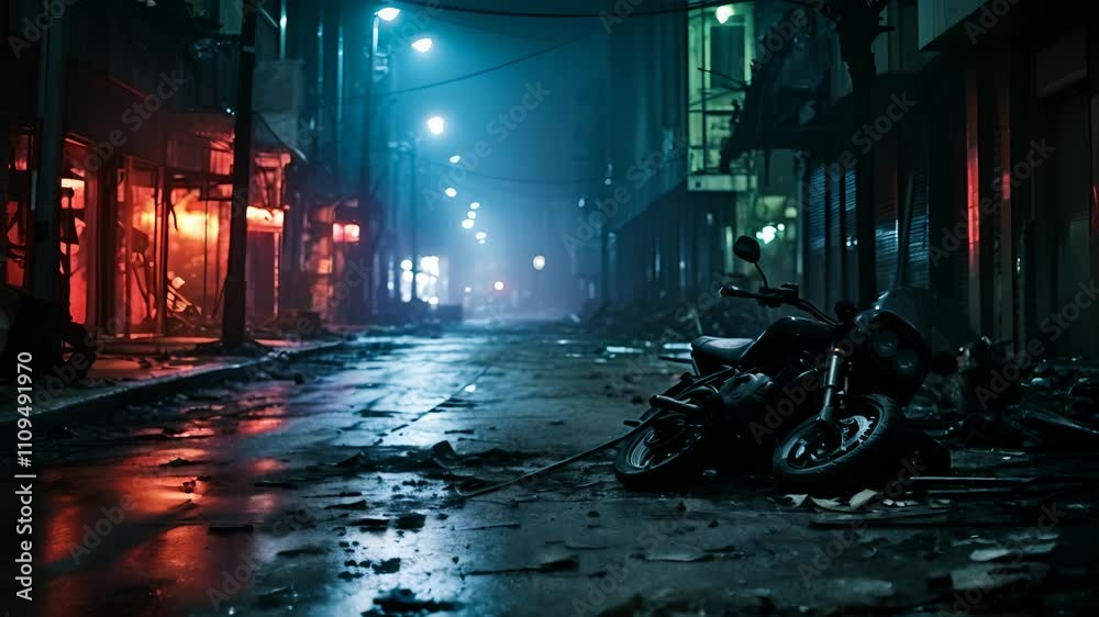 A dark and deserted street with a motorcycle parked on the side