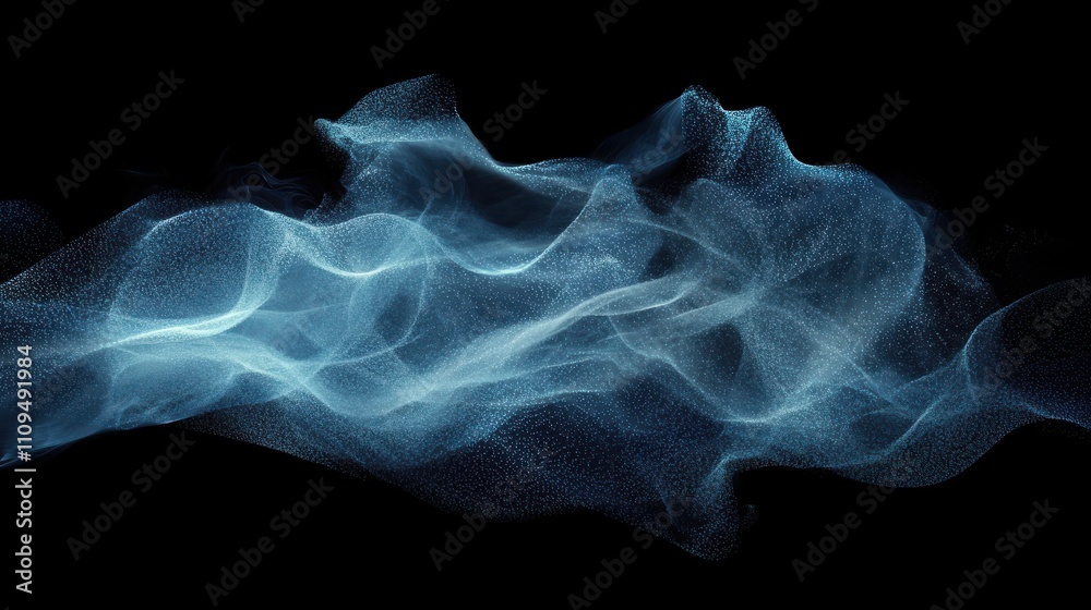 Obraz premium Ethereal Blue Smoke Waves Flowing Gracefully Over Black Background Featuring Soft Light Patterns and Abstract Formations for Artistic Composition