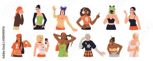 Happy woman. Fashionable girl portrait. Fashion modern lifestyle. Young persons. Alternative cheeky style clothing. Charming outfit. Cool clothes. Trendy makeup or hairstyle. Vector stylish people set