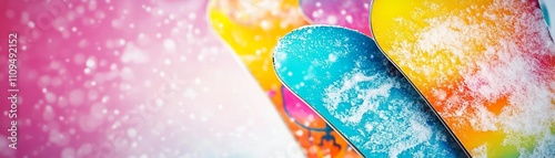 Vibrant close-up of snowboard decals dusted with fresh powder, snowboard powder detail shot, artistic sports image photo