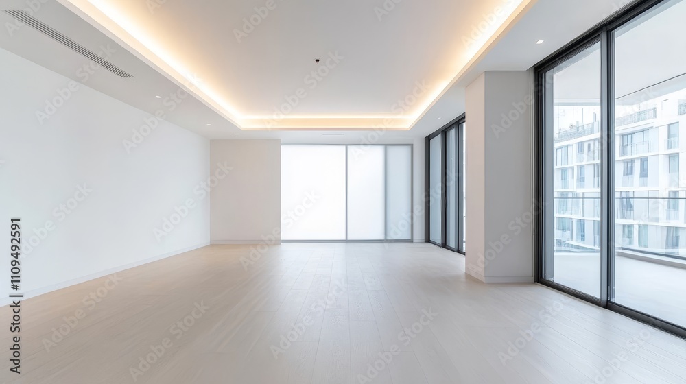 A large, open living room with white furniture and a fireplace A large, open living room with white furniture and a fireplace
