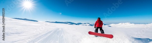 Wide-angle capture of a snowboarder riding across an expansive powder field, snowboard powder freedom, boundless landscapes photo