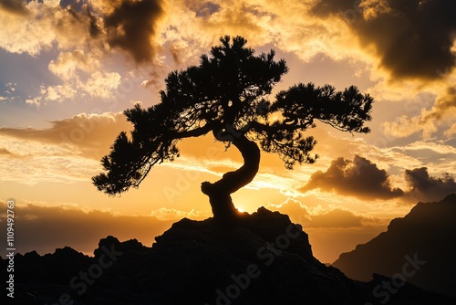 A gnarled black pine tree standing proudly at a mountain peak in China, silhouetted by the sun's first light, golden clouds surrounding the scene in the Yellow Mountains 7 photo