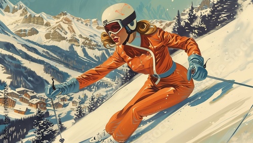 A beautiful young woman skier in an orange suit and white helmet, wearing goggles, is going down the mountain at high speed.
