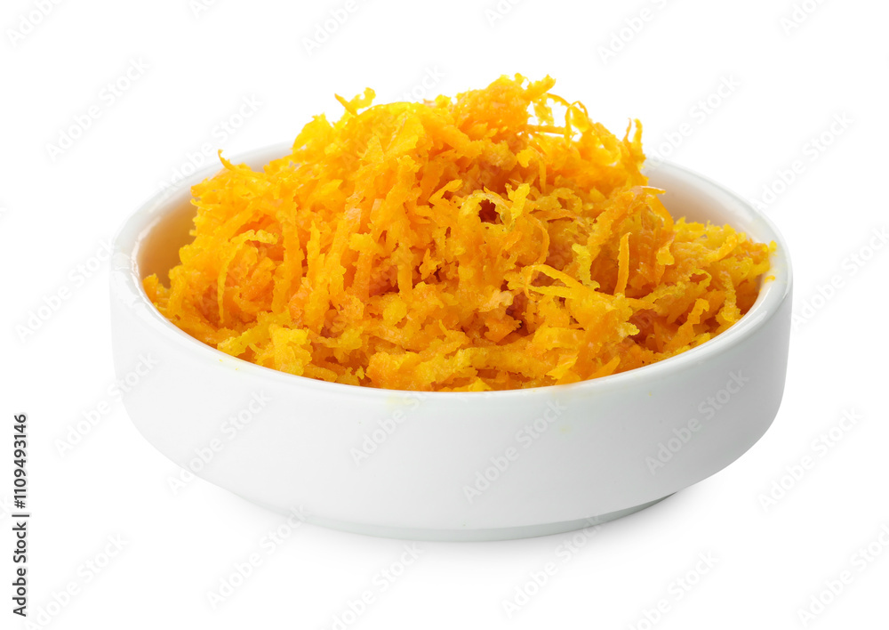 Fresh orange zest in bowl isolated on white Fresh orange zest in bowl isolated on white