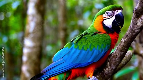 Stunning Colourful Macaw Perched Setting on The Tree in a Lush Forest 