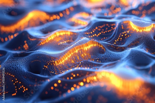 Fototapeta Naklejka Na Ścianę i Meble -  High-resolution 3D fractal art with glowing orange and blue elements forming an intricate abstract pattern