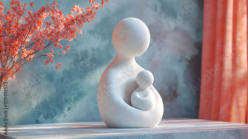 Elegant sculpture representing a mother and child in a serene setting with soft pastel colors and floral accents. Generative AI