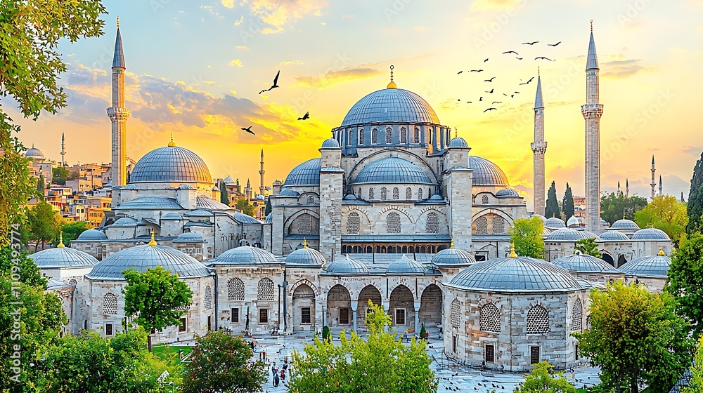 Obraz premium Majestic mosque at sunset, surrounded by lush greenery and birds in flight.