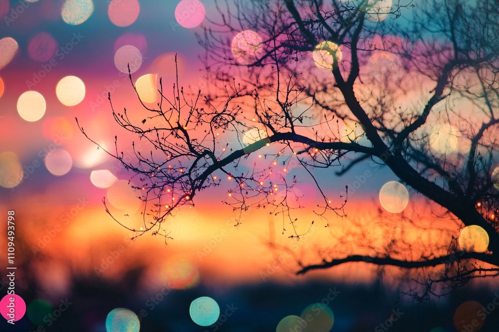 Naklejka premium A colorful horizon at sunset, lensflare glowing over the landscape with a double exposure of trees and sky, relaxing and peaceful mood, soft colors, warm glow from the sun 5