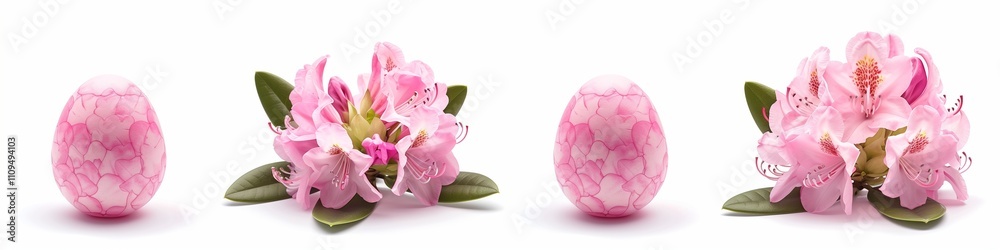 2 pink Easter eggs with rhododendron flowers, 4 different angles and perspectives, white background