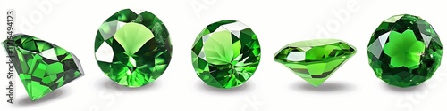 Five emerald green gemstones of different shapes and sizes on a white background, in PNG format.
